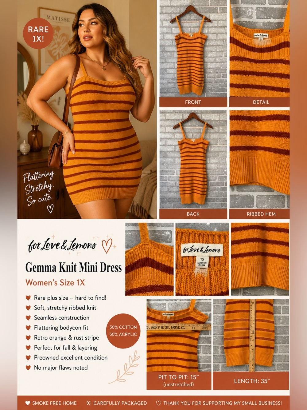 For Love & Lemons Gemma Knit Mini Dress 1X Orange Rust Striped Ribbed Sweater